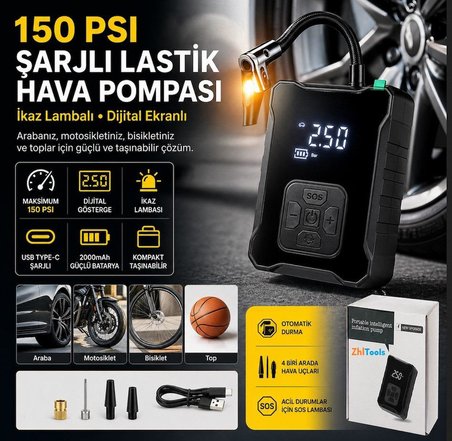 Zhltools Şarjlı Hava Kompreserü İkaz Lambalı Oto Lastik Pompa 150 Psi