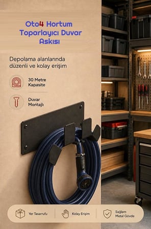 Oto4 Duvar Tipi Hortum Askısı Metal Bahçe Hortumu Tutucu 30 Metre Kapasiteli Dış Mekan Hortum Toparlayıcı Askı