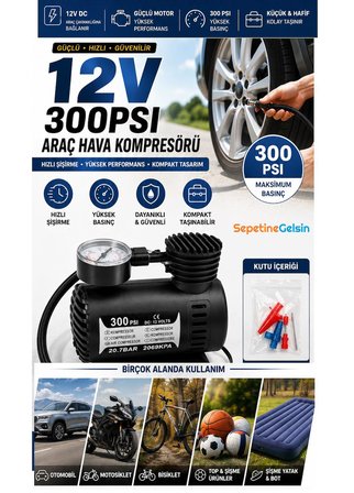 Sepetinegelsin Taşınabilir Oto Hava Kompresörü Çakmaklık İle Çalışır 12v 300 Psi