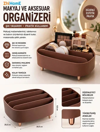 Zhlhome 4 Bölmeli Ayaklı Makyaj ve Takı Organizeri Estetik Tasarım Kahve