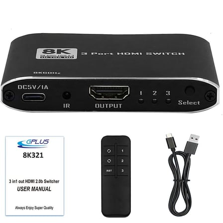 Gplus 8K321 3 Port 8K HDMI 2.1 8K 60Hz 4K 120Hz 1080P 240 Hz HDR 10 HDCP 2.3 EDID CEC Destekli Metal Switch