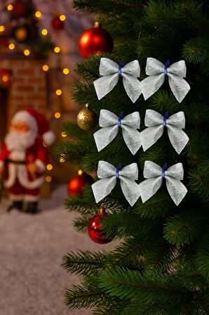 7 cm Gümüş Simli Eva Fiyonk – 6'lı Mini Yılbaşı Ağacı ve Hediye Paket Süsleme Seti