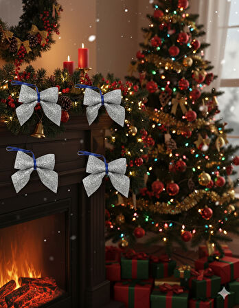 7 cm Gümüş Simli Eva Fiyonk – 6'lı Mini Yılbaşı Ağacı ve Hediye Paket Süsleme Seti