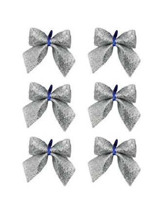 7 cm Gümüş Simli Eva Fiyonk – 6'lı Mini Yılbaşı Ağacı ve Hediye Paket Süsleme Seti