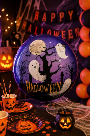 Halloween Folyo Balon Hayalet Ağacı Yuvarlak 45x45 cm Cadılar Bayramı Parti Süsü Dekorasyon Balonu