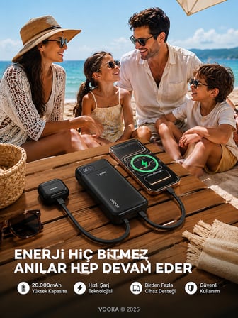 22.5W Hızlı Şarj 20.000 mAh Powerbank Dahili USB-C & Lightning Kablolu Dijital Göstergeli Taşınabilir Harici Batarya