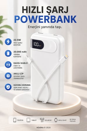22.5W Hızlı Şarj 20.000 mAh Powerbank Dahili USB-C & Lightning Kablolu Dijital Göstergeli Taşınabilir Harici Batarya