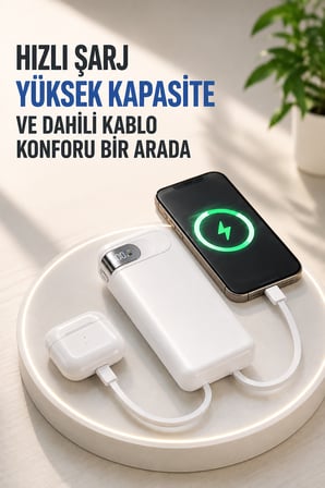 22.5W Hızlı Şarj 20.000 mAh Powerbank Dahili USB-C & Lightning Kablolu Dijital Göstergeli Taşınabilir Harici Batarya