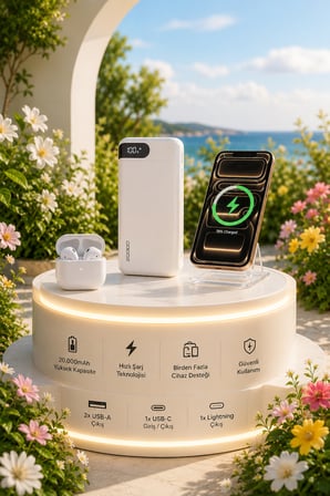 22.5W Hızlı Şarj 20.000 mAh Powerbank Dahili USB-C & Lightning Kablolu Dijital Göstergeli Taşınabilir Harici Batarya