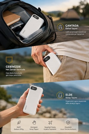 22.5W Hızlı Şarj 20.000 mAh Powerbank Dahili USB-C & Lightning Kablolu Dijital Göstergeli Taşınabilir Harici Batarya