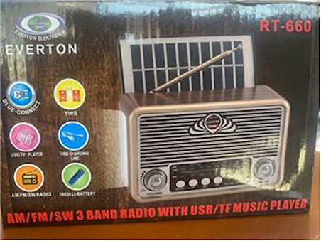 Everton Rt-660  Bluetooth Fm-Usb-Tf-Aux Şarjlı Nostaljik Radyo Solar (Güneş Panelli)