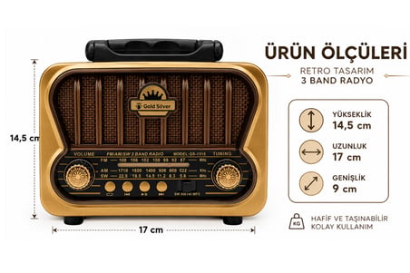 Gold Silver GS-1315 Nostaljik Retro Radyo - Güneş Enerjili, Bluetooth/USB/TF Kart Destekli 3 Band Hoparlör
