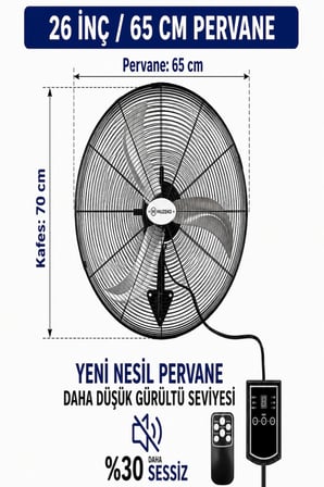 Muzeko MZK650 Sanayi Tipi Duvar Vantilatörü 26 İnç 65 cm 180 W Kumandalı