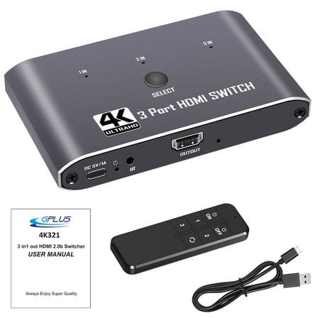 Gplus 4K321M 3 Port HDMI 2.0 4K 60Hz HDR HDCP 2.2  EDID CEC Metal Switch