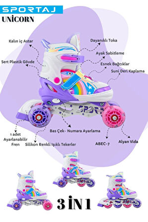 Unicorn Işıklı Paten 2+2 Gökkuşağı Kız Çocuk Pateni Silikon Teker,Taşıma Çantalı 3 in 1 Teker