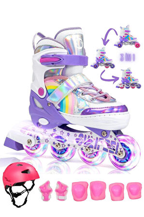 Unicorn Işıklı Paten 2+2 Gökkuşağı Kız Çocuk Pateni Silikon Teker Kask Dizlik Dirseklik Setli