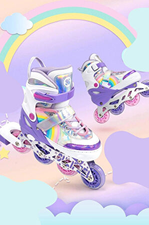 Unicorn Işıklı Paten 2+2 Gökkuşağı Kız Çocuk Pateni Silikon Teker Kask Dizlik Dirseklik Setli