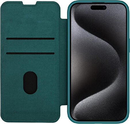 Nillkin iPhone 15 Pro Max Lens Korumalı Kapaklı Deri Kılıf - Yeşil