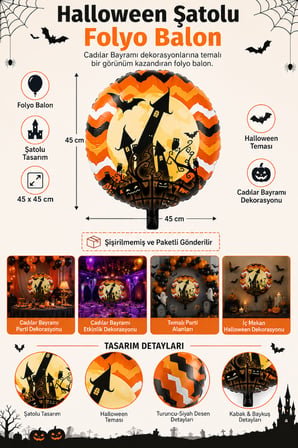 Halloween Folyo Balon Şatolu 45x45 cm Cadılar Bayramı Parti Süsü Yuvarlak Temalı Dekorasyon Balonu
