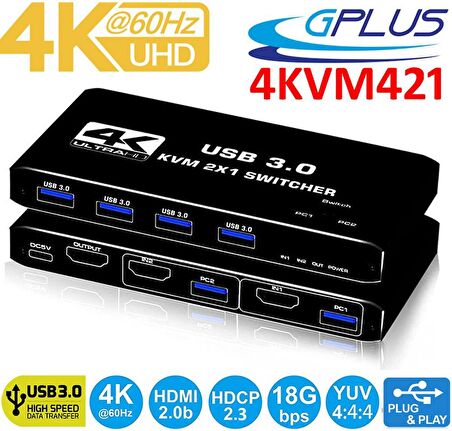 Gplus 4KVM421 KVM Switch 2x1 HDMI 4K USB 3.0 HDCP 2.3 HDR10 EDID