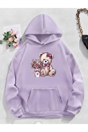 Unisex SevimliAyıcık Baskılı Oversize Kapüşonlu Sweatshirt