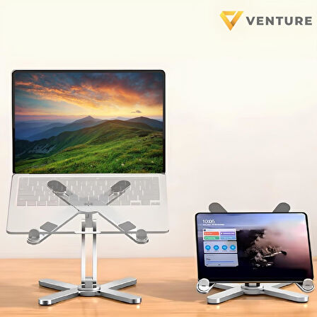 Venture VNT-8001 Ayarlanabilir Katlanabilir 15.6" Alüminyum 360° Döner Başlıklı, Yükseklik ve Eğim Ayarlı, Kaymaz Yüzeyli Notebook Stant Kılıflı