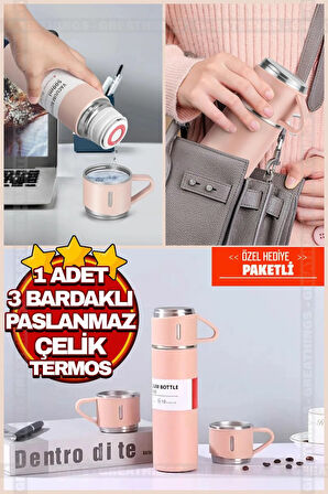 Kapris Paslanmaz Çelik Termos 3lü Set Pembe Kap-291