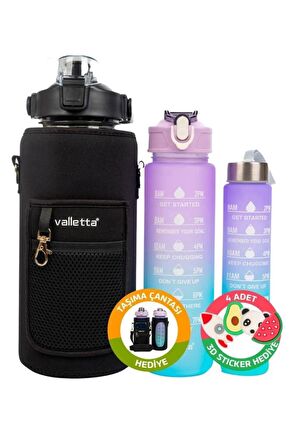 Valletta VLT1220  Eldorado Figo 3lü Set  Motivasyonel Su Matarası Siyah Çantalı(2000ml-750ml-300ml)