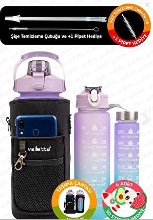 Valletta VLT1294 Eldorado 3lü Set  Motivasyonel Su Matarası Pembe(2000ml-750ml-300ml)Çantalı