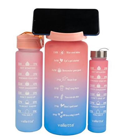 Valletta VLT1294 Eldorado 3lü Set  Motivasyonel Su Matarası Pembe(2000ml-750ml-300ml)Çantalı