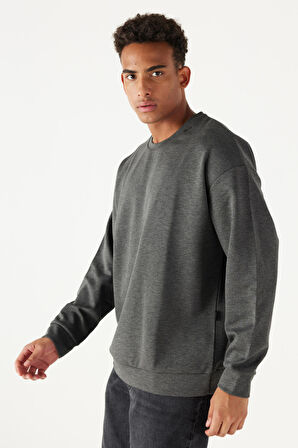 Erkek Antrasit-melanj Oversize Bol Kesim Bisiklet Yaka Düz Sweatshirt