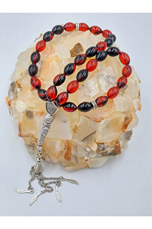 Alpaka Püsküllü Arpa Kesim Ateş Kehribar Tespih (Ahşap Kutulu)