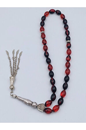 Alpaka Püsküllü Arpa Kesim Ateş Kehribar Tespih (Ahşap Kutulu)