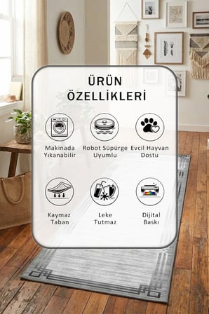 Yıkanabilir Kaymaz Marc Gri Dijital Baskılı Yolluk Halı Tüy Tutmaz