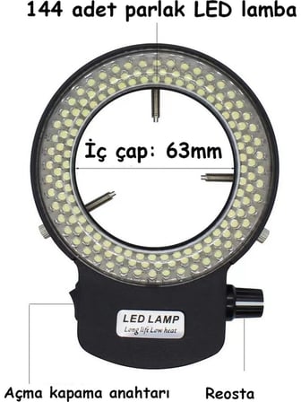 144 LED Stereo Mikroskop Halka Işık - Dimmerli Parlaklık Ayarlı Ring Light Aydınlatma (Siyah)