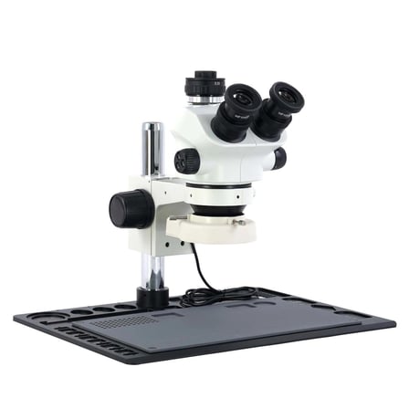 Mikroskop ZS 7050P Trinoküler Mikroskop Seti - 7X-50X Zoom, 0.5X CTV, LED Işıklı ve Alüminyum Pedli Siyah Tabla Set