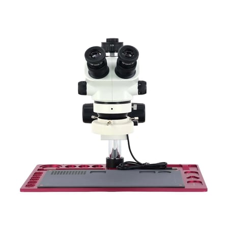 Mikroskop ZS 7050P Trinoküler Mikroskop Seti - 7X-50X Zoom, 0.5X CTV, LED Işıklı ve Alüminyum Pedli Kırmızı Tabla Set