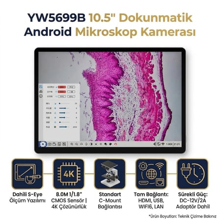 10.5 inç Dokunmatik Ekranlı 4K Mikroskop Kamerası 8MP- Android 11, HDMI, USB, LAN, Dahili Ölçüm Yazılımı