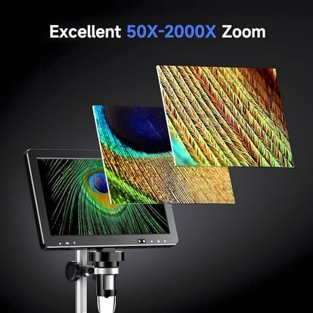 DM12 Mikroskop 10.1 İnç IPS  Ekran 2000x Full HD Dijital Mikroskop - Çift Spot Işıklı Metal Standlı Teknik Servis & Laboratuvar Mikroskobu