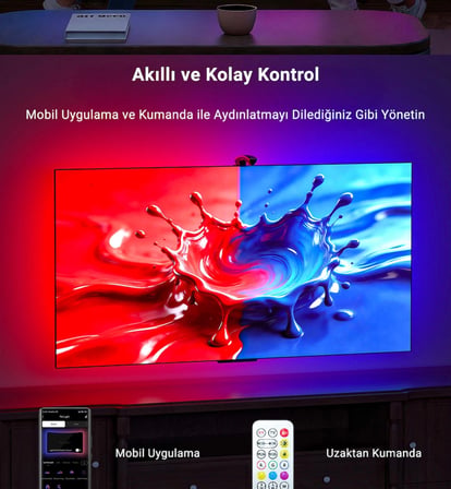 idragon TV Sync RGBIC Ambilight LED TV Arka Aydınlatma, 3.8 Metre, Mobil Uygulama ve Kumanda Kontrollü, Müzik Senkronizasyonlu, 55-65 İnç TV Uyumlu DX23014
