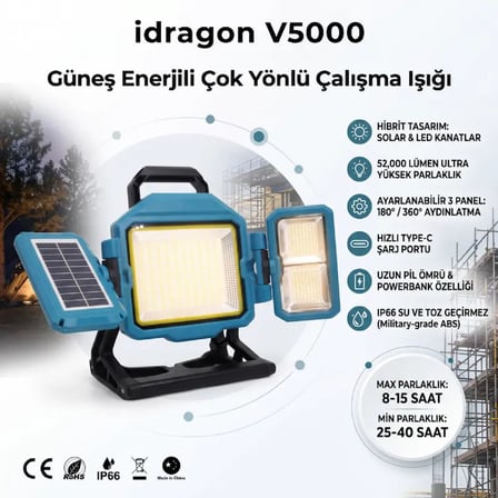 idragon V5000 Güneş Enerjili Katlanabilir Solar LED Projektör- 16500mAh Powerbankli, Kademesiz Dimmer Ayarlı, IP66 Su Geçirmez Şantiye, Çalışma & Kamp Işığı