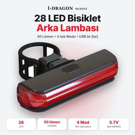 BK880S Bisiklet Arka Lambası 28 LED Kırmızı Stop Lambası 50 Lümen 4 Işık Modu USB Şarjlı Sele Borusu