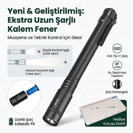 idragon 702USB Şarjlı Kalem El Feneri - Type-C Girişli, 750 mAh Uzun Gövde, 2 Kademeli Işık Modu, Medikal Muayene ve Taşınabilir Cep Feneri