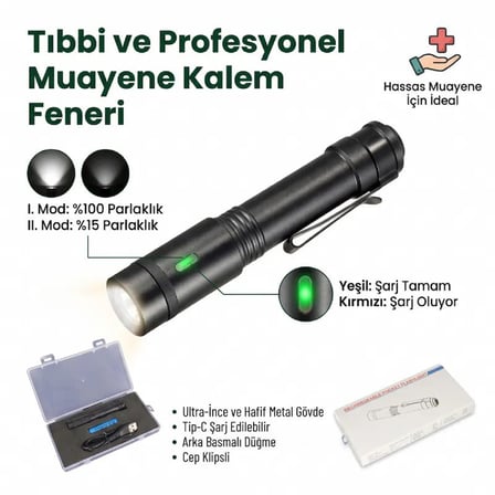 idragon 701USB Şarjlı Kalem El Feneri - Type-C Girişli, 2 Kademeli Işık Modu, Cep Klipsli Medikal Muayene ve Taşınabilir Cep Feneri
