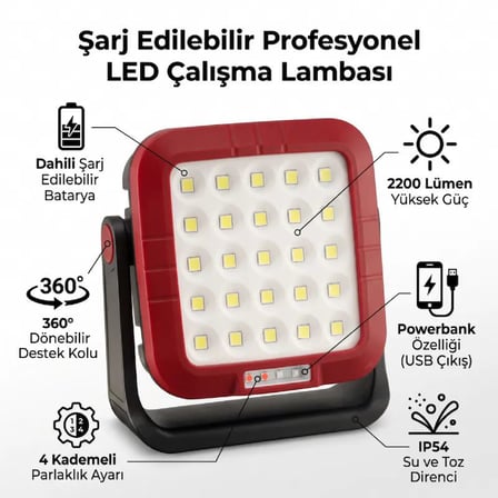 idragon CM-803 Şarjlı Profesyonel LED Çalışma Lambası - 2200 Lümen, Powerbank Özellikli, Mıknatıslı ve Askılı Projektör Kamp & Atölye Feneri