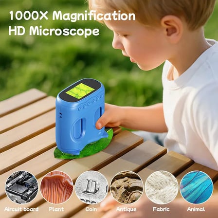 387 Mavi 2'si 1 Arada Dijital Çocuk Mikroskobu & Dürbün - 1000X Büyütme, 1000 Metre Menzil, 2 MP Full HD Ekranlı Eğitici Bilim Kiti