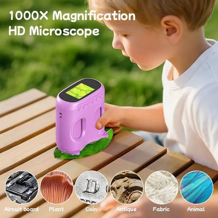 387 Mor 2'si 1 Arada Dijital Çocuk Mikroskobu & Dürbün - 1000X Büyütme, 1000 Metre Menzil, 2 MP Full HD Ekranlı Eğitici Bilim Kiti