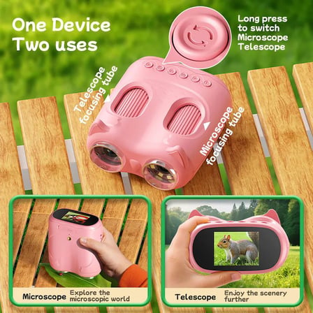 387 Pembe 2'si 1 Arada Dijital Çocuk Mikroskobu & Dürbün - 1000X Büyütme, 1000 Metre Menzil, 2 MP Full HD Ekranlı Eğitici Bilim Kiti