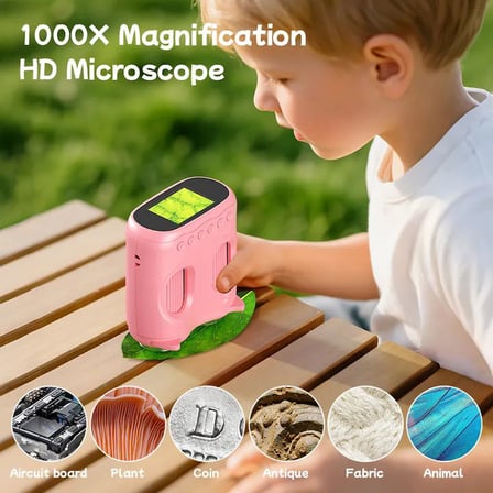 387 Pembe 2'si 1 Arada Dijital Çocuk Mikroskobu & Dürbün - 1000X Büyütme, 1000 Metre Menzil, 2 MP Full HD Ekranlı Eğitici Bilim Kiti