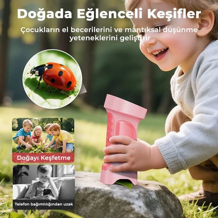 395 Pembe Taşınabilir Dijital Çocuk Mikroskobu - 2.4 İnç IPS Ekranlı, 1080P Full HD, 1000X Zoom, 8 LED Işıklı Eğitici Bilim Kiti